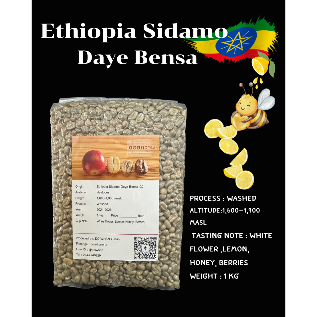 สารกาแฟเอธิโอเปีย Ethiopia Sidamo Daye Bensa Washed G2 ขนาดบรรจุ 1กิโล