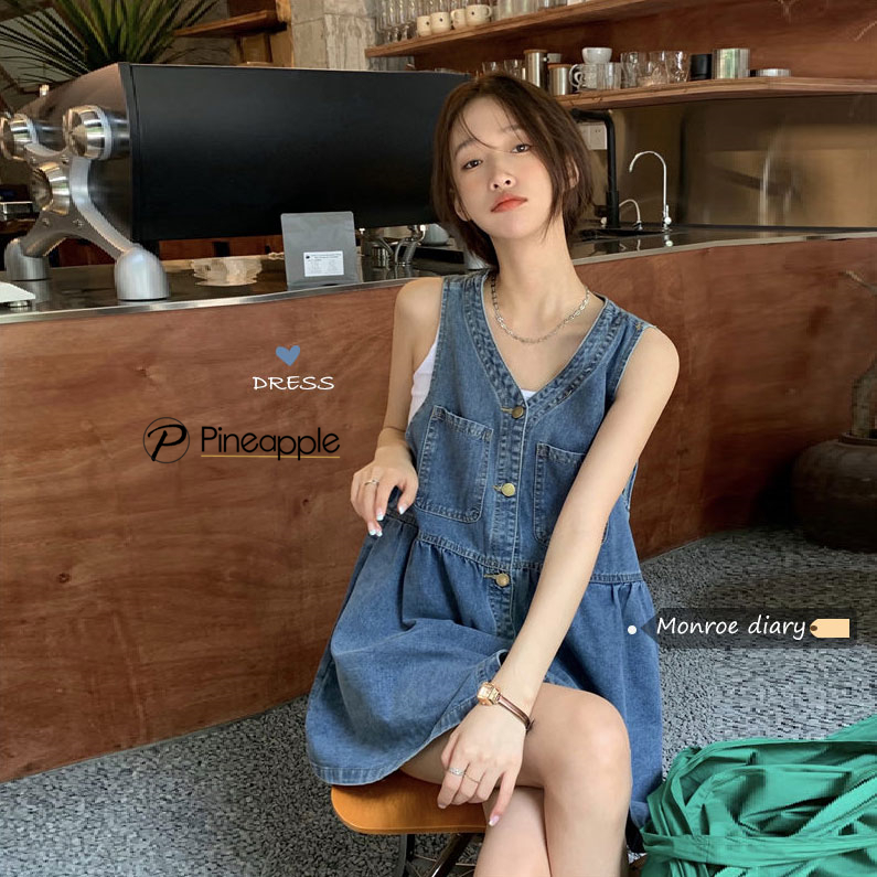 8715 เดรสยีนส์สไตล์ฝรั่งเศส #เสื้อผ้าวินเทจผู้หญิง Denim Dress