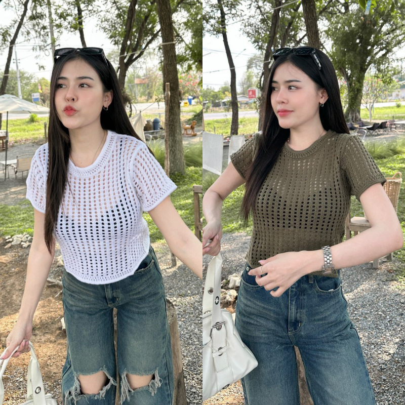 SpinnyHouse เสื้อผ้าทอลายฉลุ ทรงคอกลมแขนสั้น ผ้ายืดตามตัว ใส่เที่ยวทะเล เสื้อเล่นน้ำ พร้อมส่งทุกสี รุ่น สุขสันต์