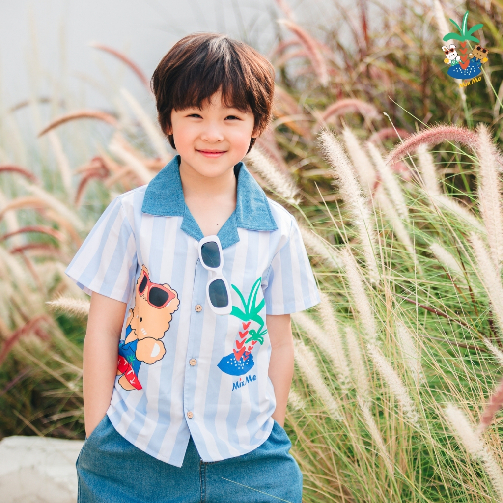 Mix Me เสื้อเชิ้ตฮาวาย แขนสั้น ลายทาง(Summer) ผ้า POPLIN 100%Cotton เด็กชาย อายุ 1-7 ปี เสื้อผ้าเด็ก