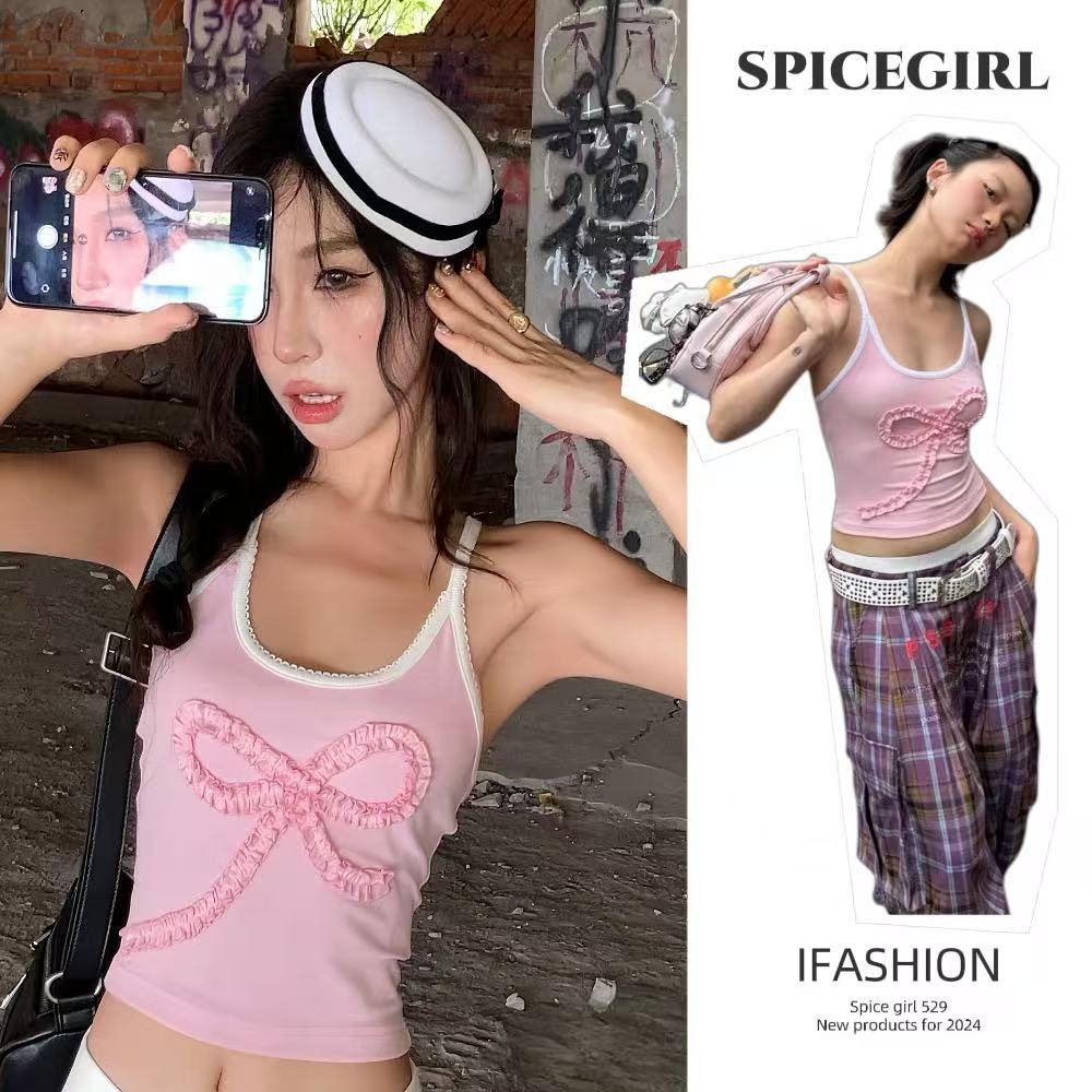 🩰Spice Girl🩰เสื้อกล้ามสีชมพูแต่งลูกไม้ โบว์ สีสวยมาก สไตล์เกาหลี INS สาวน้อยน่ารัก เหมาะกับฤดูร้อน ผ้าฝ่ายคุณภาพสูง