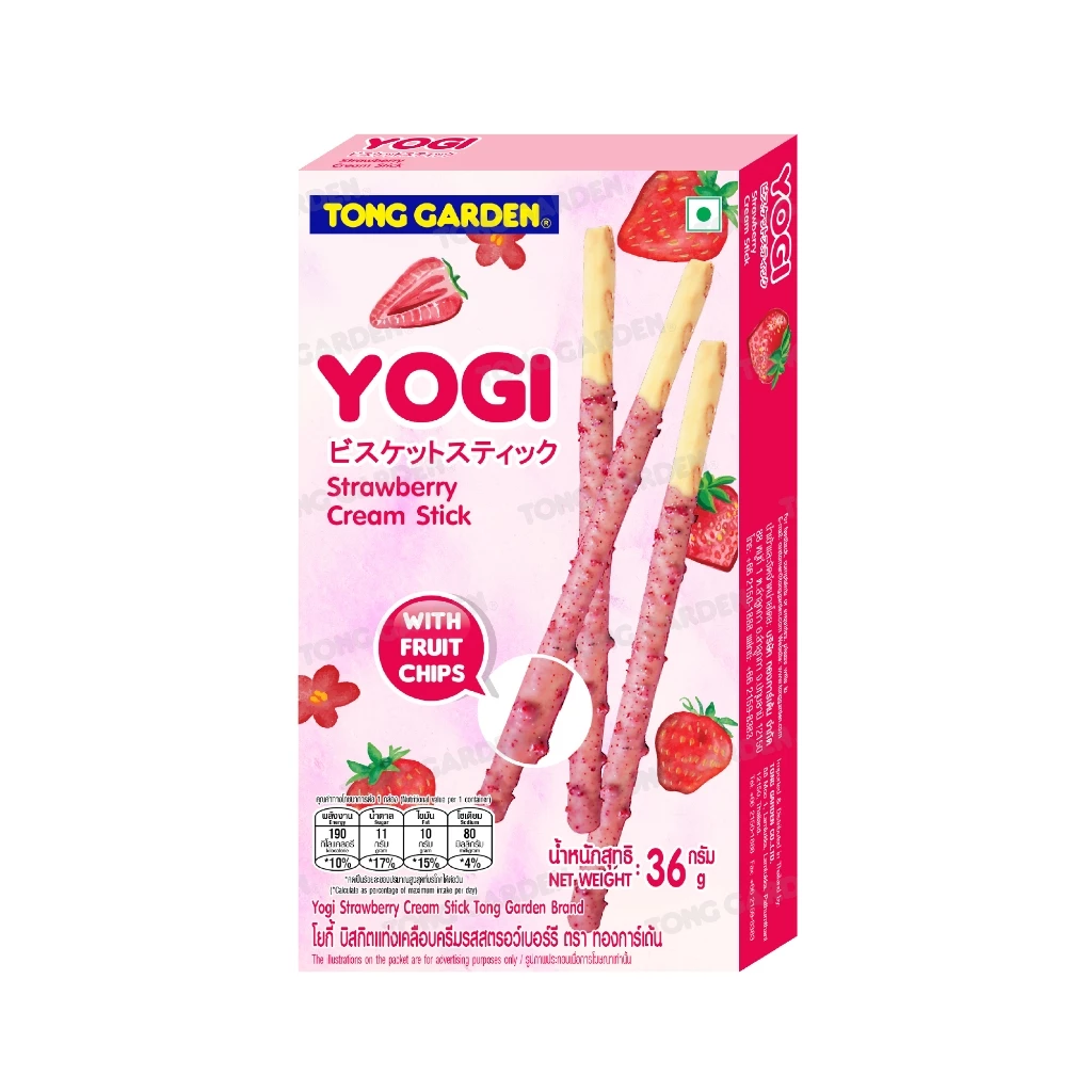 Tonggarden โยกี้ บิสกิตแท่งเคลือบครีมรสสตรอว์เบอร์รี่ 36 กรัม