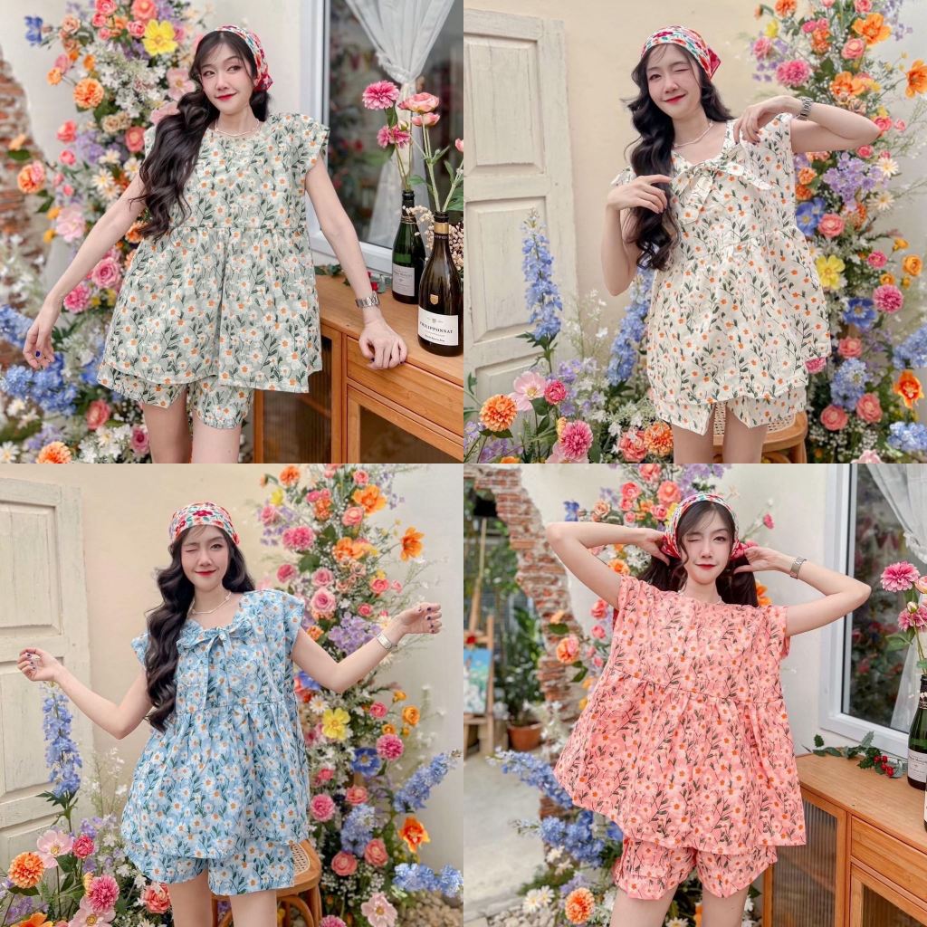 set 2 ชิ้น เสื้อ+ขาสั้น เสื้อผูกโบว์ ผ้าฝ้ายพิมพ์ลาย ใส่สงกรานต์