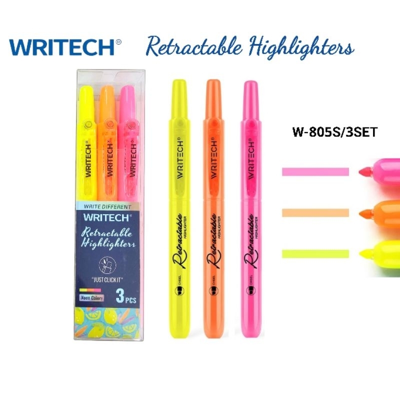 Writech ชุดปากกาไฮไลท์ 3 สี แบบกด W-805S ปากกาเน้นข้อความ Highlighters โทนสีนีออน (ราคาต่อ 1 ชุด 3 ด