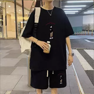 M-3XLเสื้อผ้าผู้ชาย ชุดเซ็ต2ชิ้น พิมพ์ลาย เสื้อยืด คอกลมแขนสั้น+กางเกงขาสั้น ผ้าวาฟเฟิล ผ้านิ่ม สวมใส่ สบา