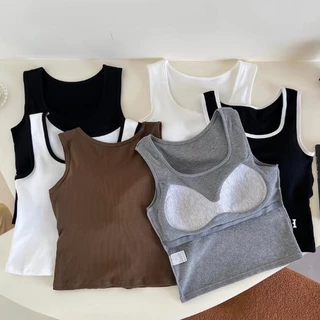 เสื้อกล้ามผ้าร่อง พร้อมบราตัวเดียวจบ เสื้อกล้ามสีพื้นใส่ทำงานได้ เสื้อยืดใส่สบาย