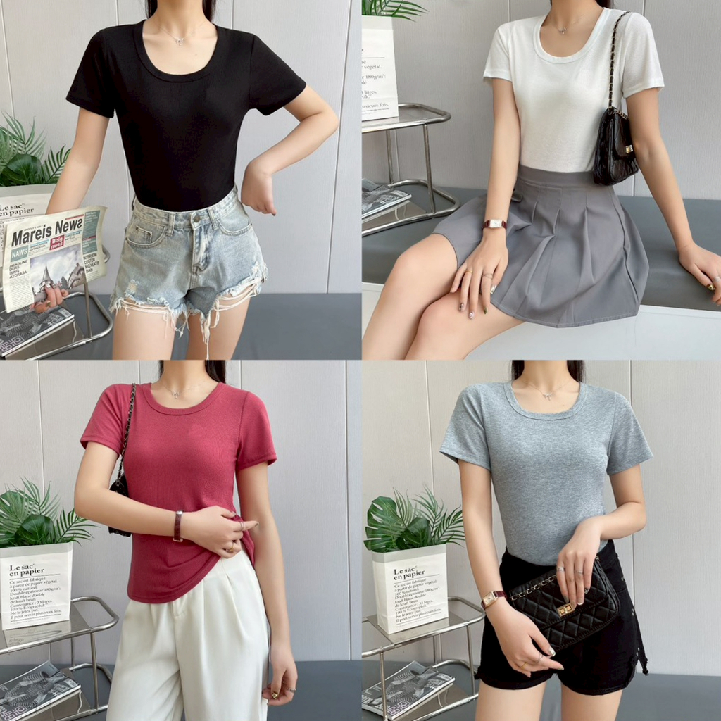 เสื้อยืด ผู้หญิง คอกลม แขนสั้น สีพื้น ผ้าร่อง เนื้อผ้านิ่ม ดีไซน์ทรงเข้ารูป t5222#