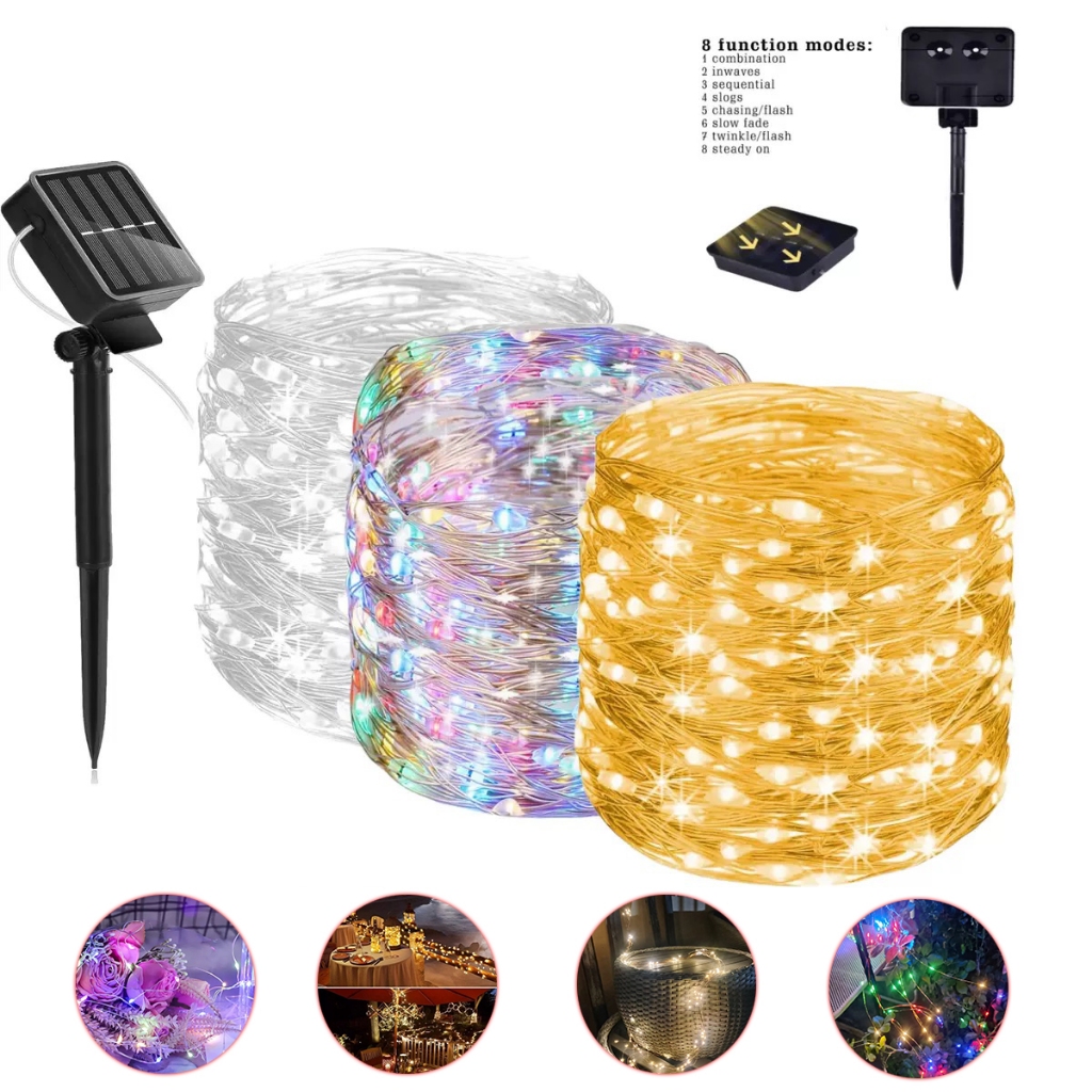 7/12/22เมตร ไฟตกแต่งโซล่าเซลล์ 50/100/200LED  กันน้ํา สำหรับตกแต่งส 8 โหมดการใช้งาน ไฟพลังงานแสงอาทิตย์ ไฟกระพริบ