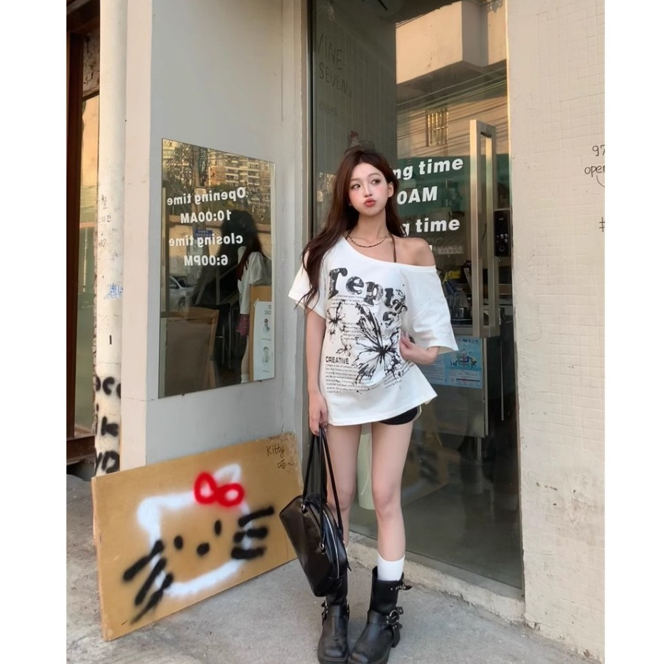 เสือยืด เสื้อยืดออเวอร์ไซส์ ปาดไหล่ ใส่พักร้อน เนื้อผ้านิ่ม#92300 - รูปที่ 6