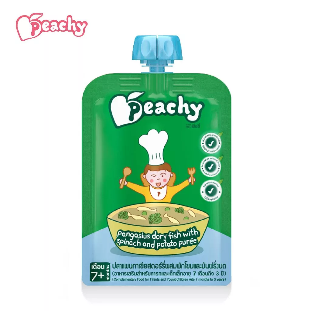 Peachy อาหารเสริมสำหรับเด็ก รสปลาแพนกาเซียสดอร์รี่ผสมผักโขมและมันฝรั่งบด 1 ถุง (R23)