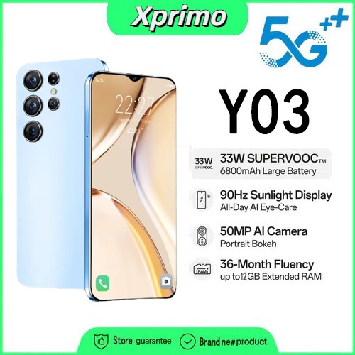 สมาร์ทโฟนของแท้ Y03 5G 12+512GB โทรศัพท์ Android แบบเต็มหน้าจอขนาด 6.7 นิ้วราคาถูก WIFI