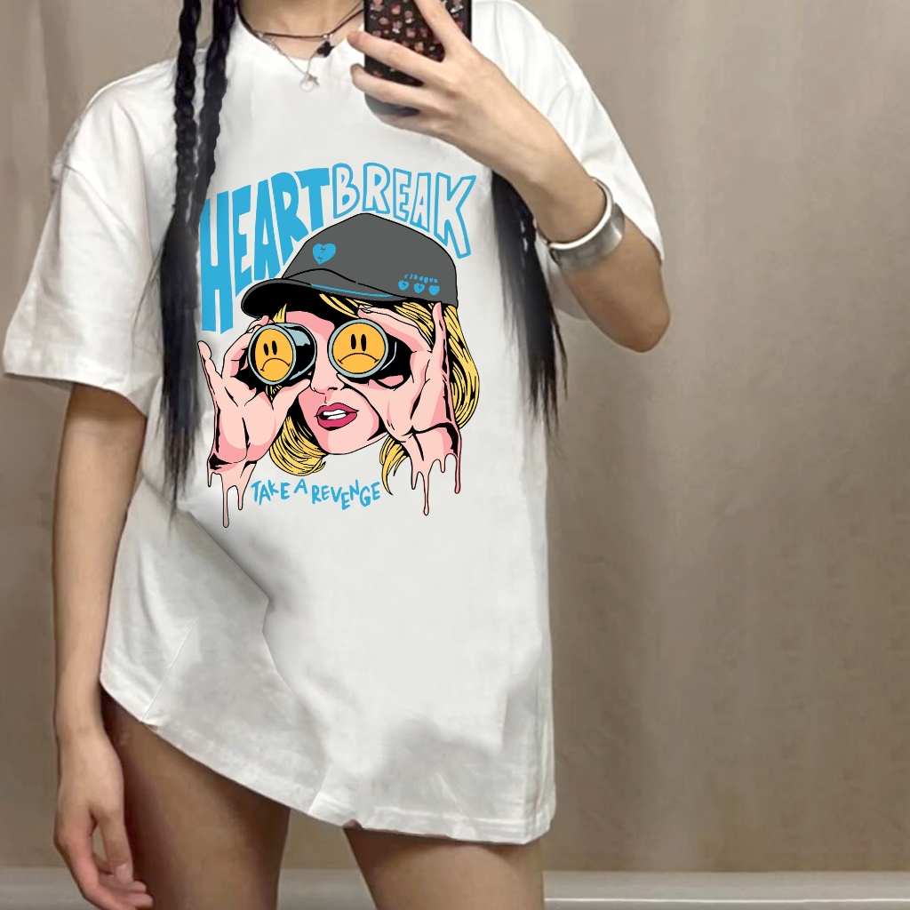 Top.street เสื้อยืด oversize 'HEART BREAK GIRL' แขนสั้น t shirt cotton แฟชั่น สไตล์เกาหลี เสื้อฟอก สีดำ 3XL