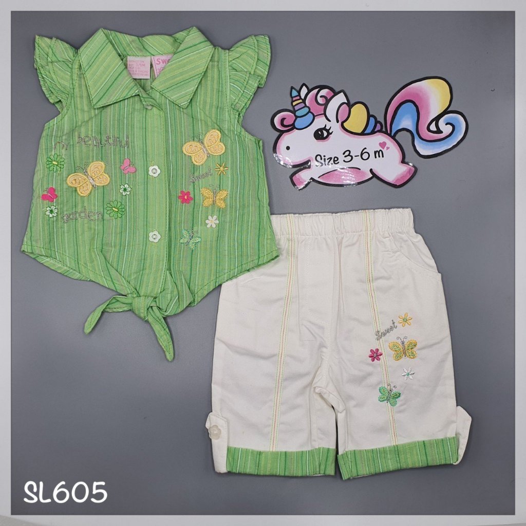 เสื้อและกางเกง สำหรับเด็กหญิงวัย 3-6 เดือน  สีเขียวลาผีเสื้อ SL605