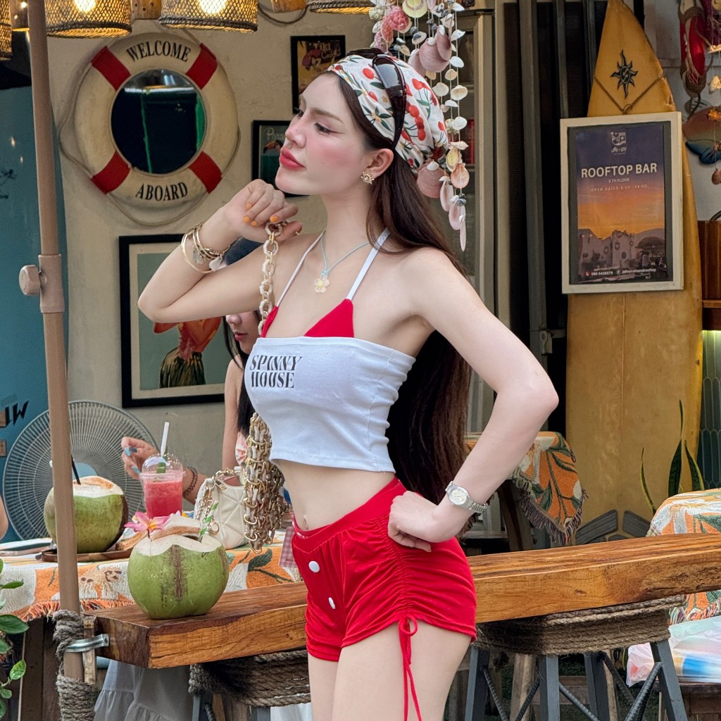 ชุดเล่นน้ำสงกรานต์ 💦 เสื้อบิกีนี่ไม่มีฟอง เสื้อเกาะอกสกรีนลาย บิกีนี่ผูกเชือก รุ่น บิกีนี่ทูโทน+เกาะอกยูนิSPINNY