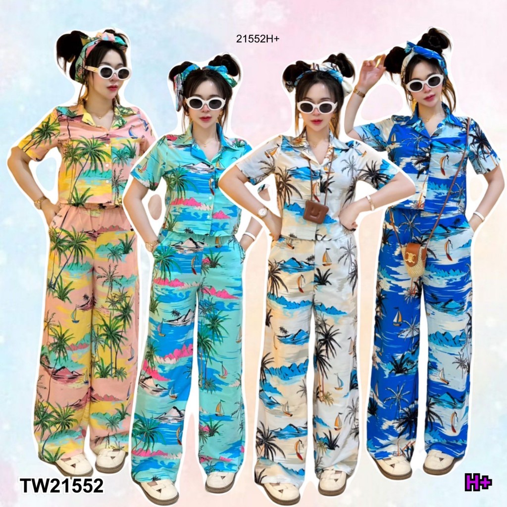 TT21552 Set 3 ชิ้น เสื้อเชิ้ตครอป + ผ้าผูก + กางเกงขายาว