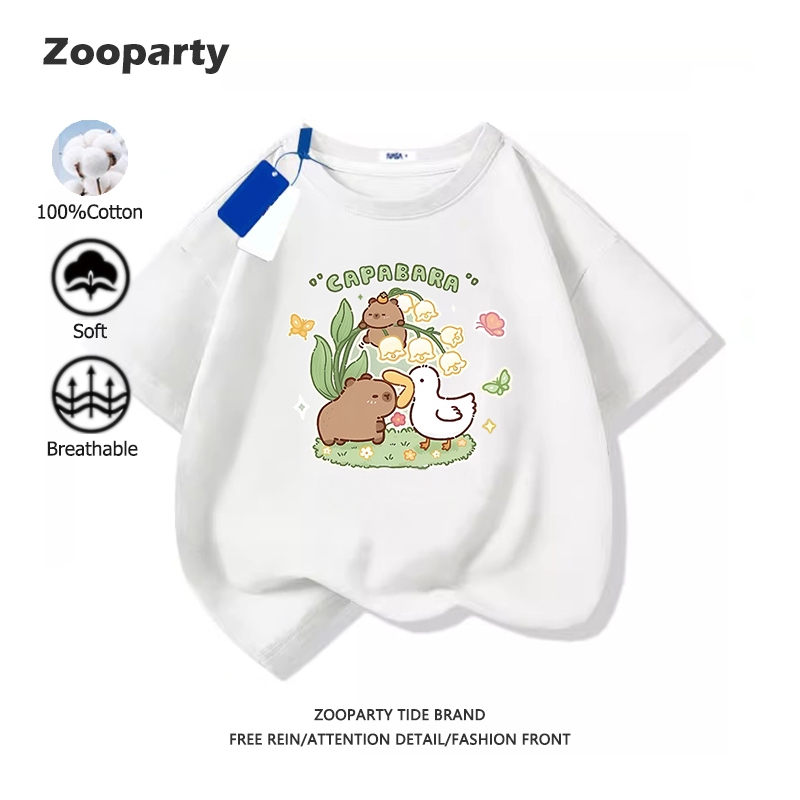 Capybara2025 เสื้อยืดเด็ก น่ารัก การ์ตูน คาปิบาลา เสื้อยืดเด็กผู้หญิง 100% cotton ระบายอากาศได้ ใส่สบาย ไม่หด มี 6 สี