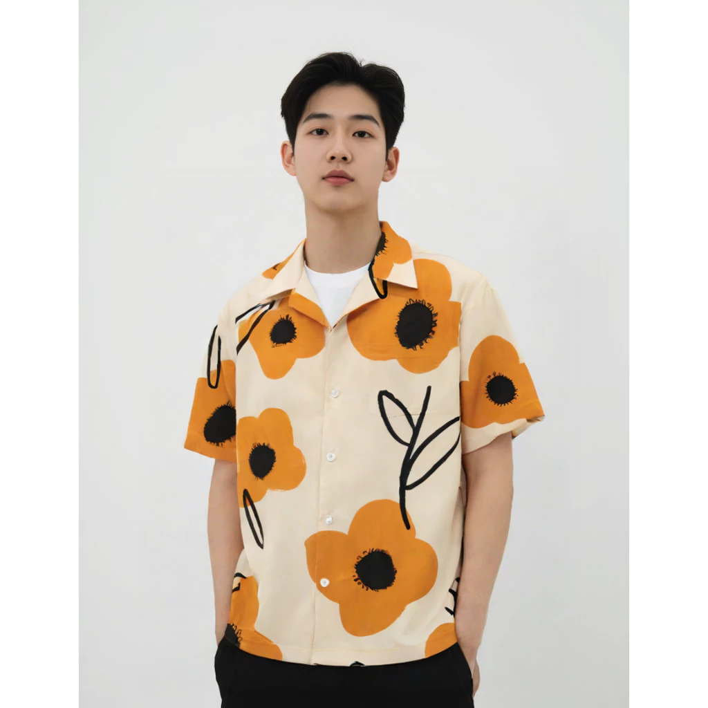 WOLF Hawaii Shirt เสื้อฮาวายแขนสั้น ลายดอกดำส้ม H246 thumbnail 5