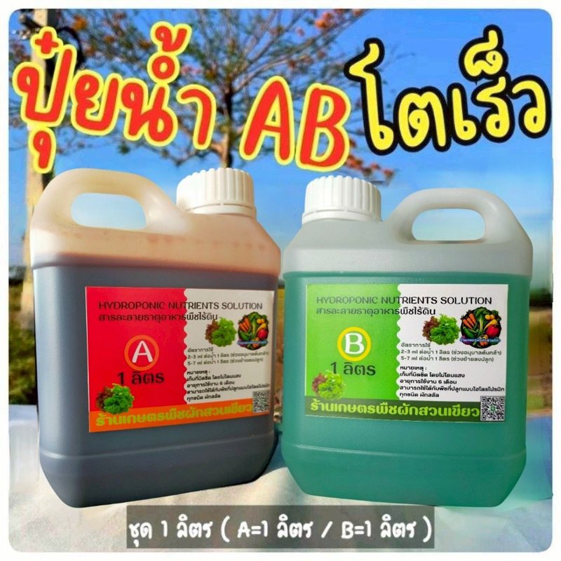 ปุ๋ย AB ไฮโดรโปนิกส์ ปุ๋ยน้ำ สูตรพืชโตเร็ว ขนาด 1 ลิตร (ได้ปุ๋ย A 1 ลิตร และ ปุ๋ย B 1 ลิตร)