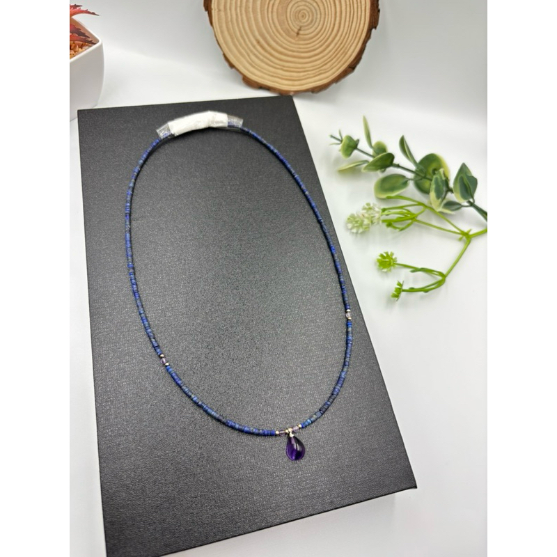 1 pc beautiful natural 2 mm lapis lazuli beads with Amethyst pendant necklace