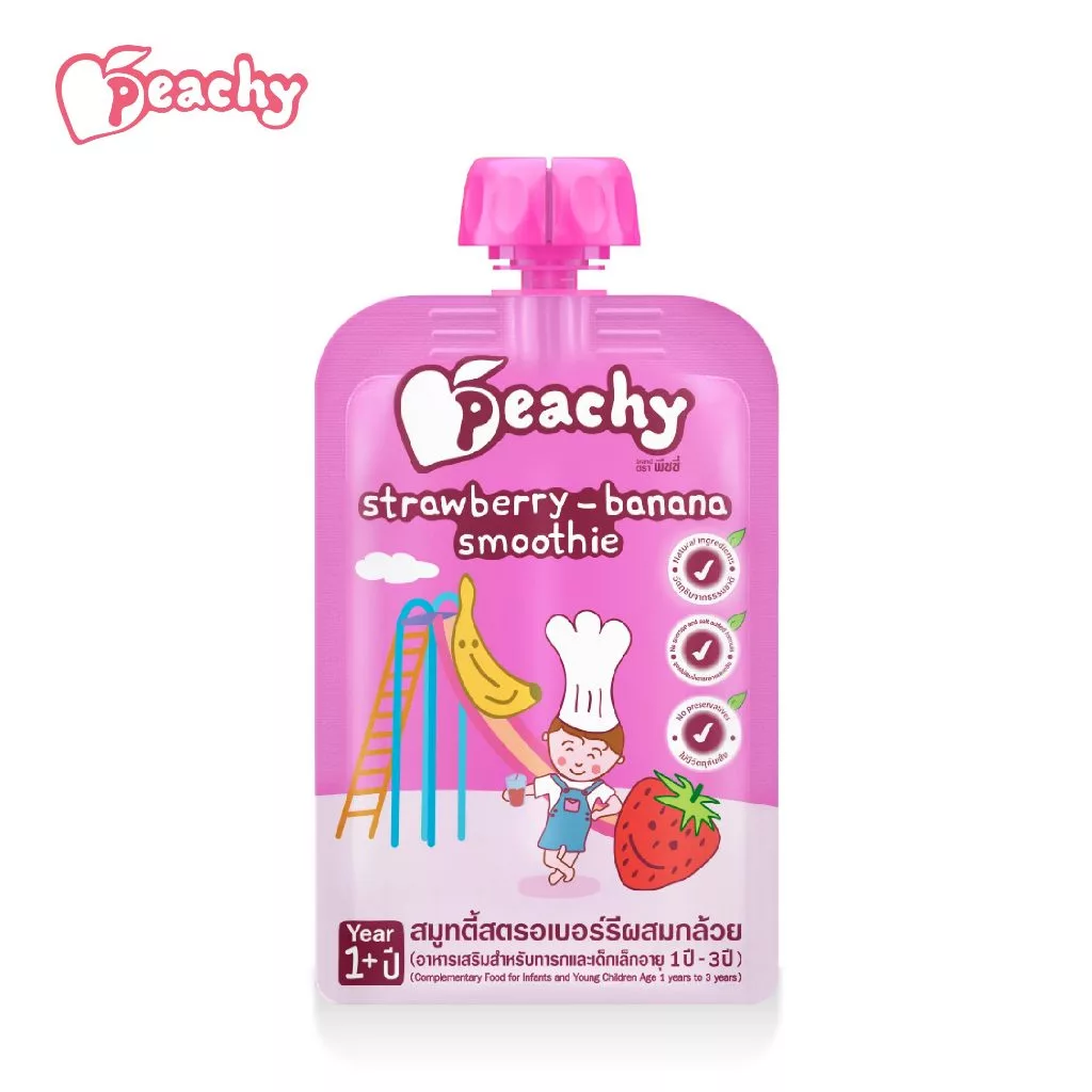 Peachy อาหารเสริมสำหรับเด็ก รสสมูทตี้สตรอเบอร์รีผสมกล้วย 1 ถุง (R6)