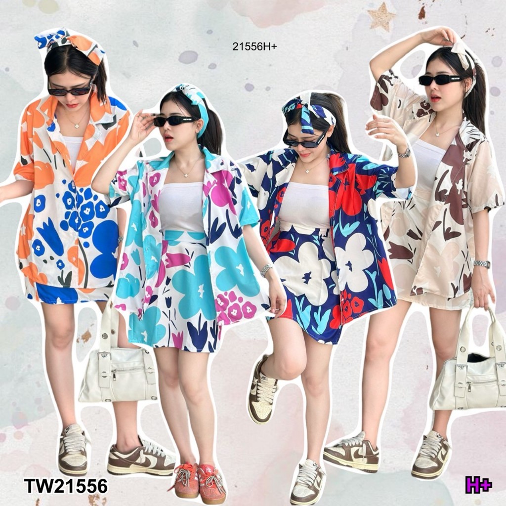 CS21556 Set 3 ชิ้น เสื้อคอปกสรีนลาย + สายผูกโบว์ + กระโปรงสั้น