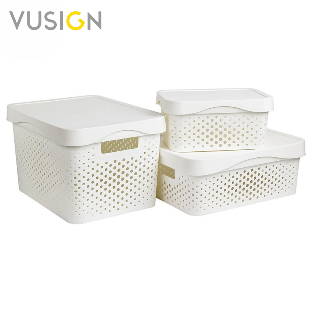 Vusign กล่องพลาสติกพร้อมฝาปิด กล่องตะกร้าเก็บของ มีหูจับ ฝาปิดกันฝุ่น จุของได้เยอะ Storage Box