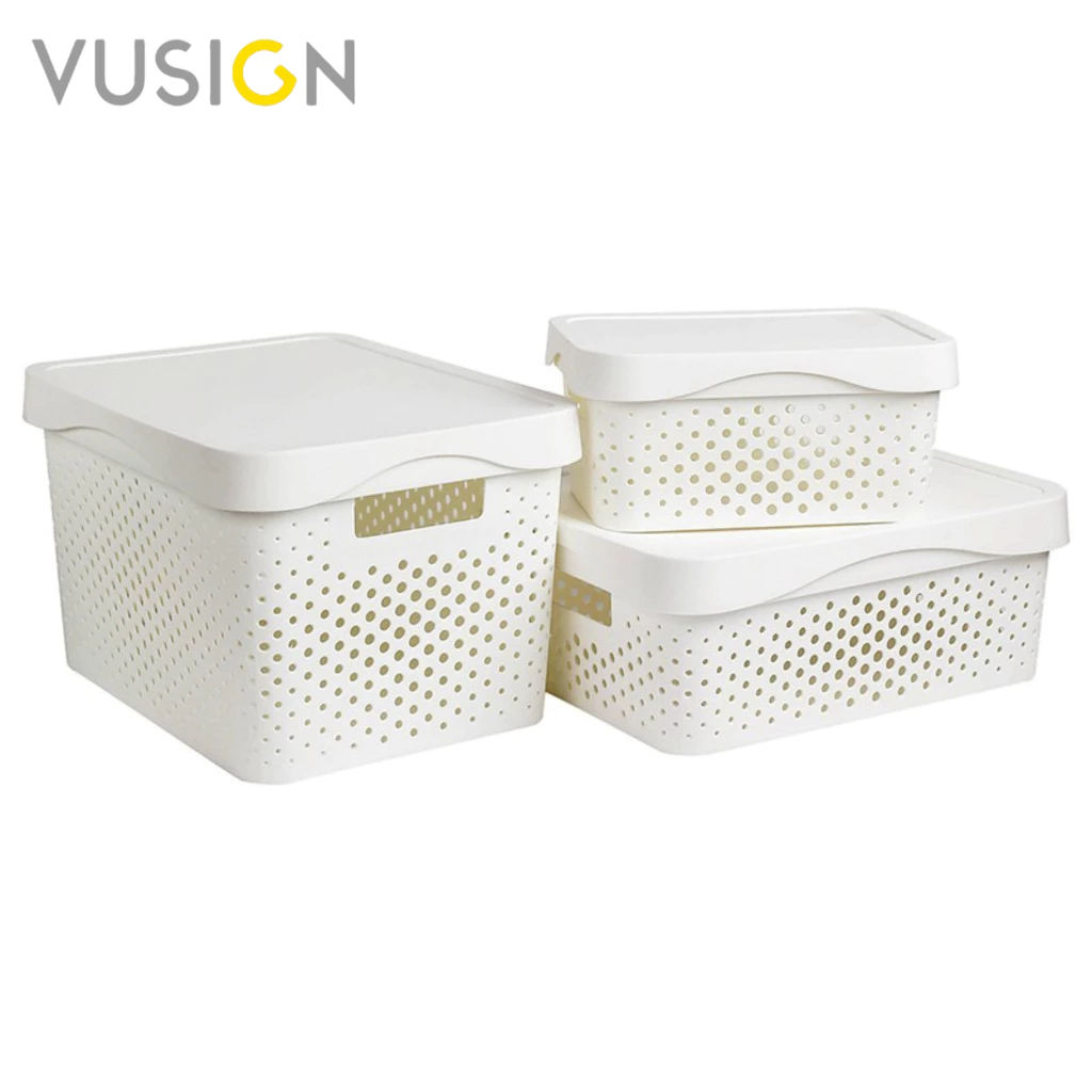 Vusign กล่องพลาสติกพร้อมฝาปิด กล่องตะกร้าเก็บของ มีหูจับ ฝาปิดกันฝุ่น จุของได้เยอะ Storage Box