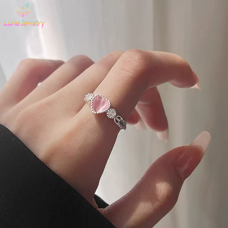 COD💖แหวนฝังหินมูนไลท์น่ารักหินผู้หญิงสีชมพูเครื่องประดับแฟชั่นเกาหลีเหมาะกละเอียดอ่อนเข้ากับทุกการแต่งกาย-Lune