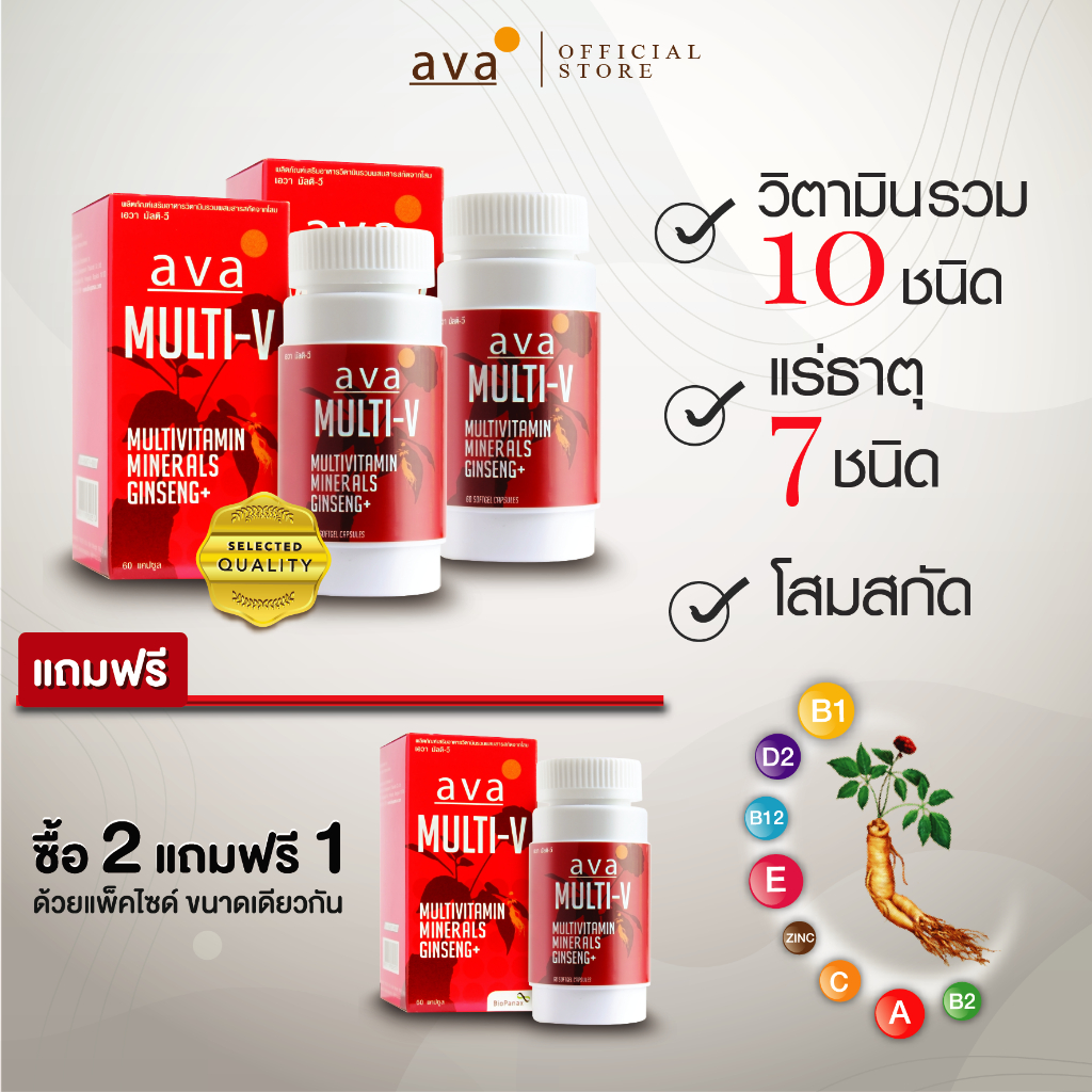 วิตามินรวม แร่ธาตุ โสมสกัด รวม18ชนิด 60แคปซูล ซื้อ2แถม1 Exp.9/2028 ( Multivitamin Minerals Ginseng Extract) ava Brand