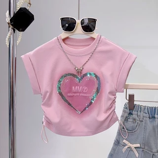 เสื้อยืดเด็กหญิง เสื้อผ้าแขนสั้น+กระโปรงยีนส์สั้น สำหรับฤดูร้อน พร้อมเชือกรูด สไตล์แฟชั่น พร้อมส่ง#T22000