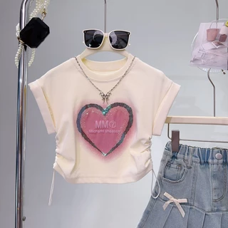 เสื้อยืดเด็กหญิง เสื้อผ้าแขนสั้น+กระโปรงยีนส์สั้น สำหรับฤดูร้อน พร้อมเชือกรูด สไตล์แฟชั่น พร้อมส่ง#T22000