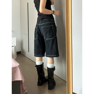 YODO  สีน้ำเงินเข้มวินเทจ กางเกงยีนส์ 5 ส่วน กระบอกตรงหลวม ก…