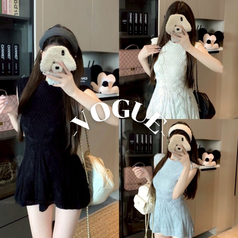Vogue🌟พร้อมส่ง🌟 มินิเดรส แขนกุด ดีเทลผ้าไหมพรมถักลายเปียยืดพอดี (56505)