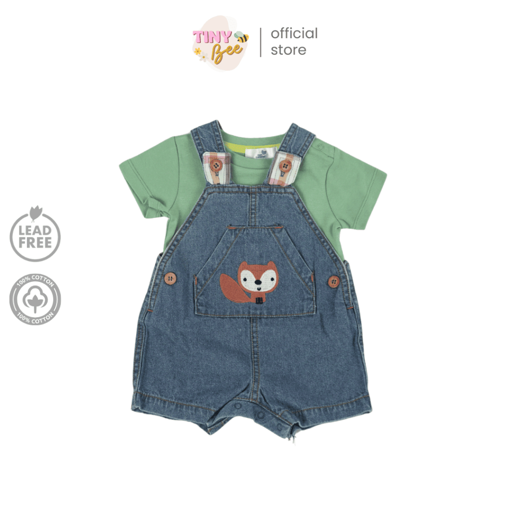 TinyBee เซ็ต 2 ชิ้น เอี๊ยมยีนส์และเสื้อยืดผ้าฝ้าย เอี๊ยมเด็ก ปักหมาจิ้งจอก อายุ 3-6 เดือน