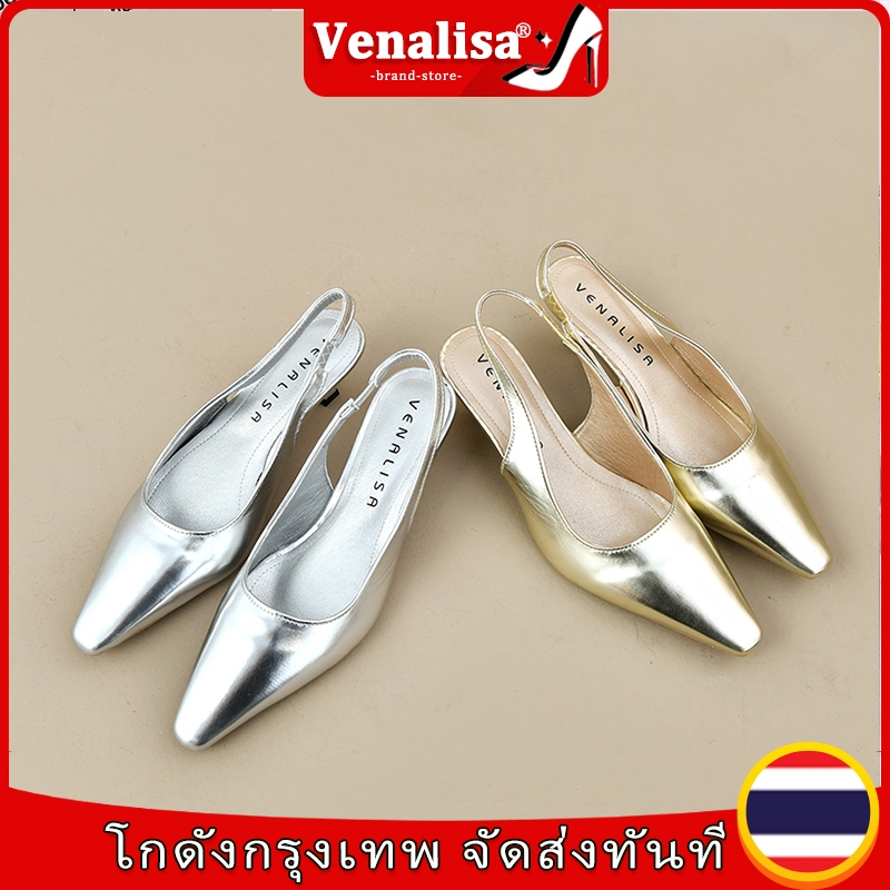 จัดส่งใน 24 ชั่วโมง 2 -inch หนังแท้ ส้นสูงของผู้หญิงแหลมและสไตล์ธุรกิจเงินสีทองส้นสั้น