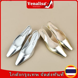 จัดส่งใน 24 ชั่วโมง 2 -inch หนังแท้ ส้นสูงของผู้หญิงแหลมและสไตล์ธุรกิจเงินสีทองส้นสั้น