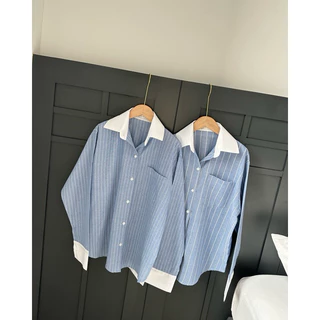 Seeingstudio | Terra shirt เสื้อเชิ้ตลายทางผู้หญิง Freesize ดีเทลคอปก+ปลายแขนสีขาว