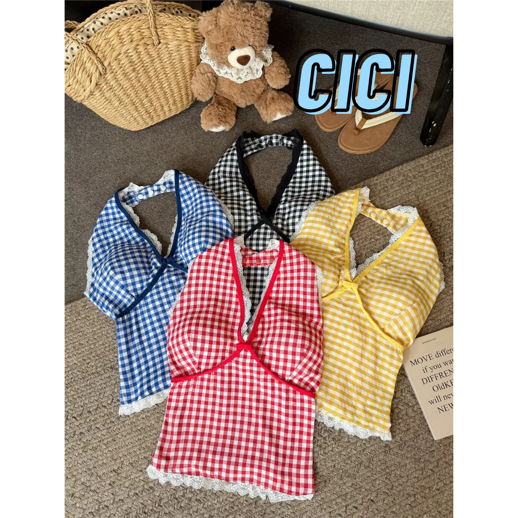 ส่งทันที Cici(NO. GH855) เสื้อคล้องคอมีฟองน้ำ ลายสก๊อต ติดกระดุมแป๊ก ดีเทลติดเข็มกลัดโบว์ด้านหลัง