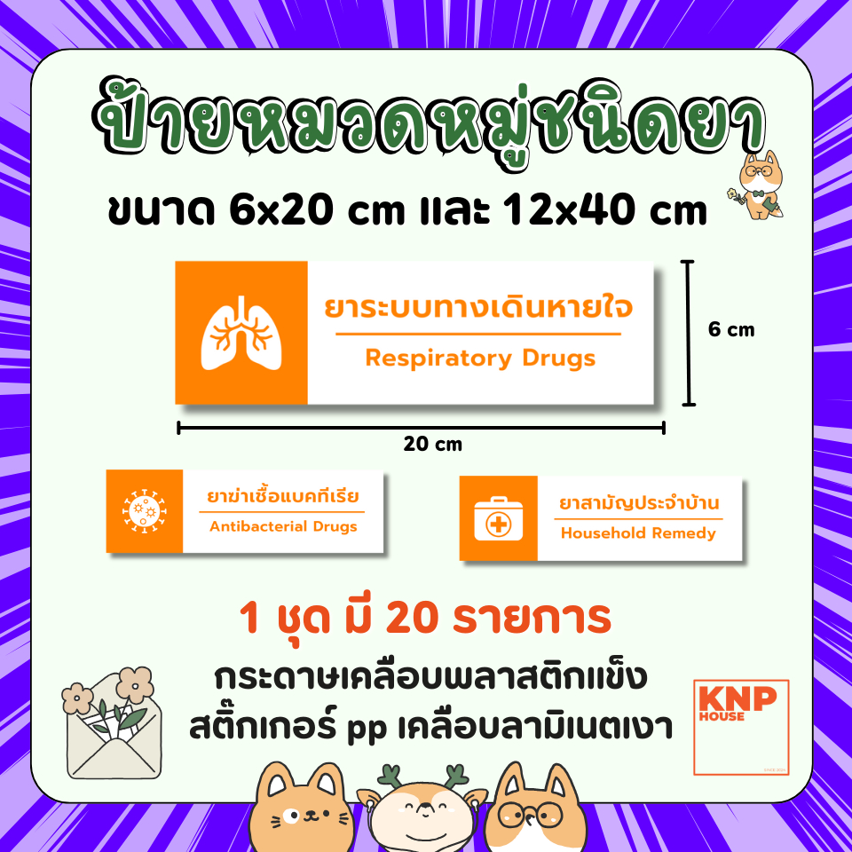 ป้ายร้านยา หมวดหมู่ยา ชนิดของยา สีส้ม 1ชุด มี 20 รายการ สติ๊กเกอร์หรือกระดาษเคลือบแข็ง กันน้ำ 100%