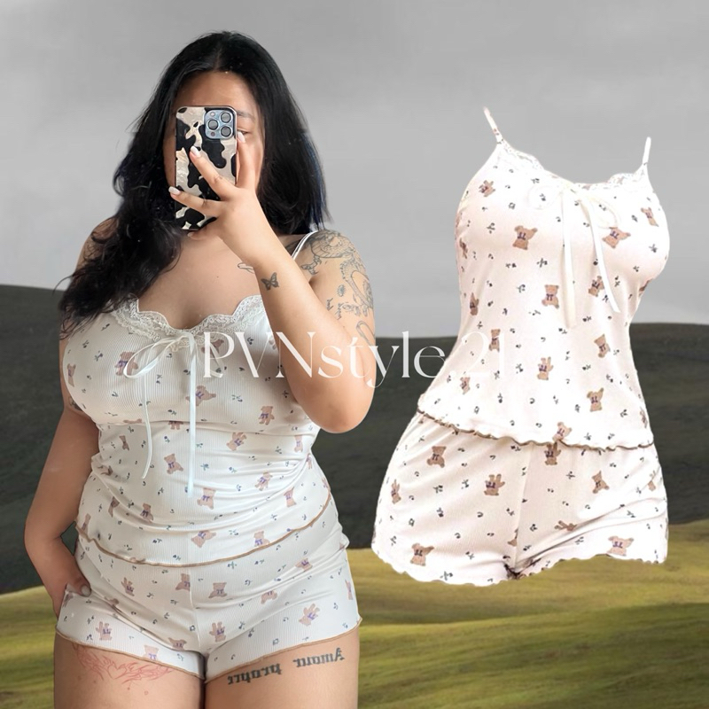 Set 2 ชิ้น ชุดนอนเสื้อและกางเกงผ้าร่องลายน้องหมี อก 36-50