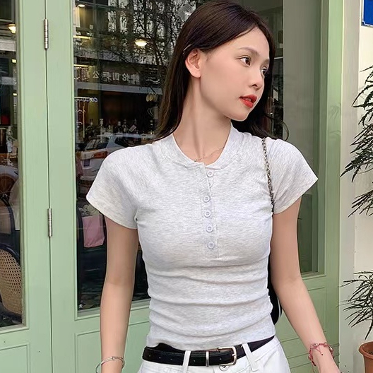 ❤️จัดส่ง 24 ชม❤️ เกลียว ปุ่ม แขนสั้น เสื้อยืด ผู้หญิง ทรงเข้ารูป มีจีบ สั้น เสื้อด้านล่าง ด้านบน DL - รูปที่ 3