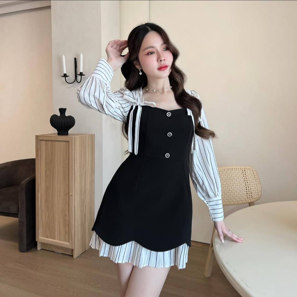 C368 BELLITA BRAND เดรสสั้นแต่งผ้าเชิ้ตแขนยาวลายทางแต่งผููกโบว์ที่ไหล่ ชุดออกงาน ชุดเที่ยว