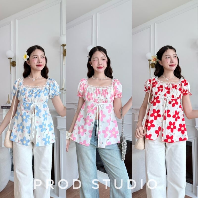 style.anda เสื้อแขนตุ๊กตา ผ่าหน้า ลายดอกไม้ pd002