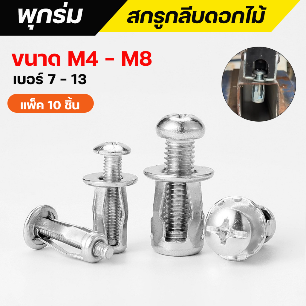 ( แพ็ค 10) สกรูกลีบดอกไม้ สกรูน็อตแจ็ค พุกร่ม ชุบซิงค์ ขนาด M4/M5/M6/M8 งานฝ้า , ยิปชั่ม , บอร์ด , แผ่นเหล็ก