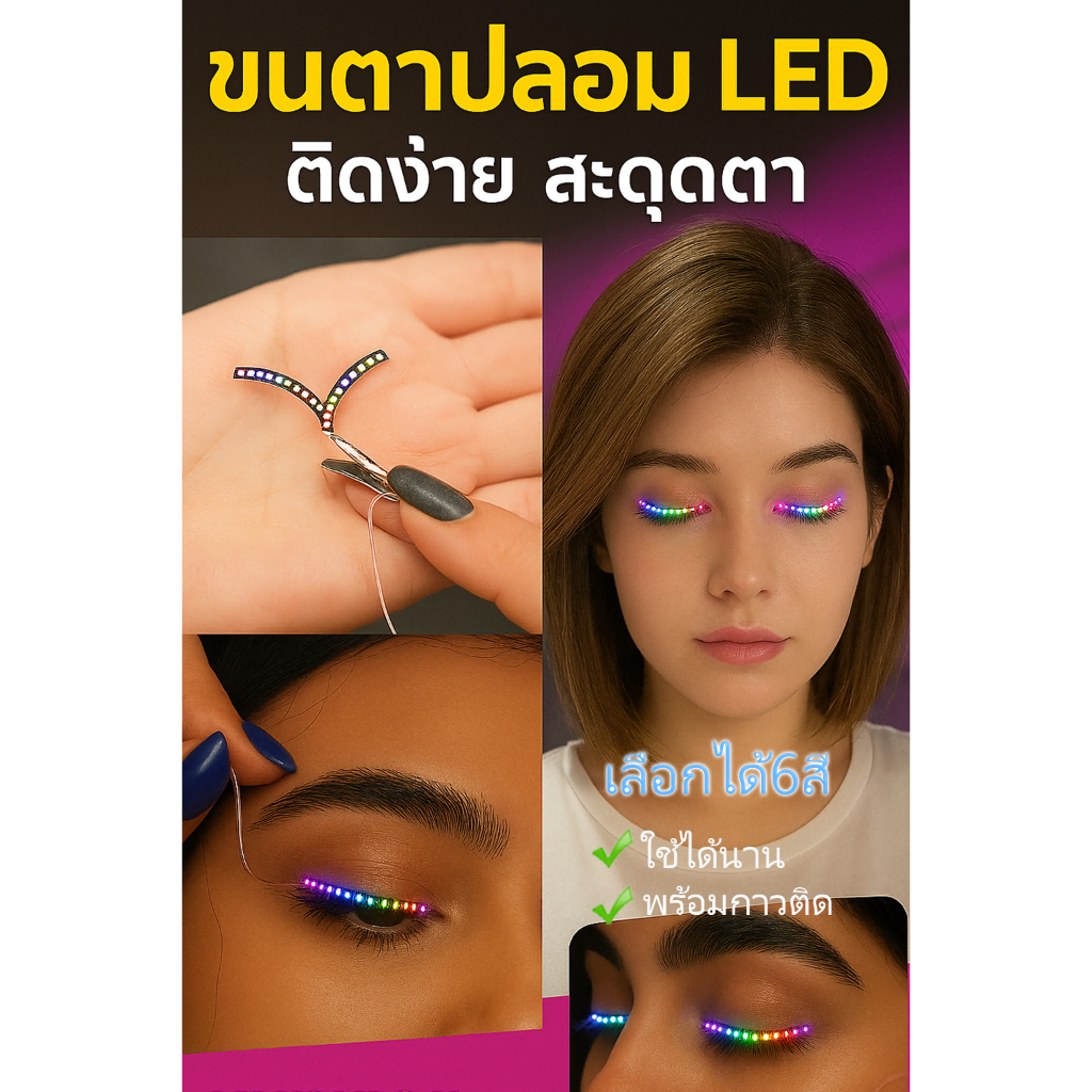 ขนตามีแสง LED ขนตาปลอมออกงาน มีให้เลือก6สี เหมาะสำหรับงานปาร์ตี้วันเกิดและเทศกาลต่างๆ มีกาวติด ถ่าน2อั่น ใช้ได้นาน แสงสว