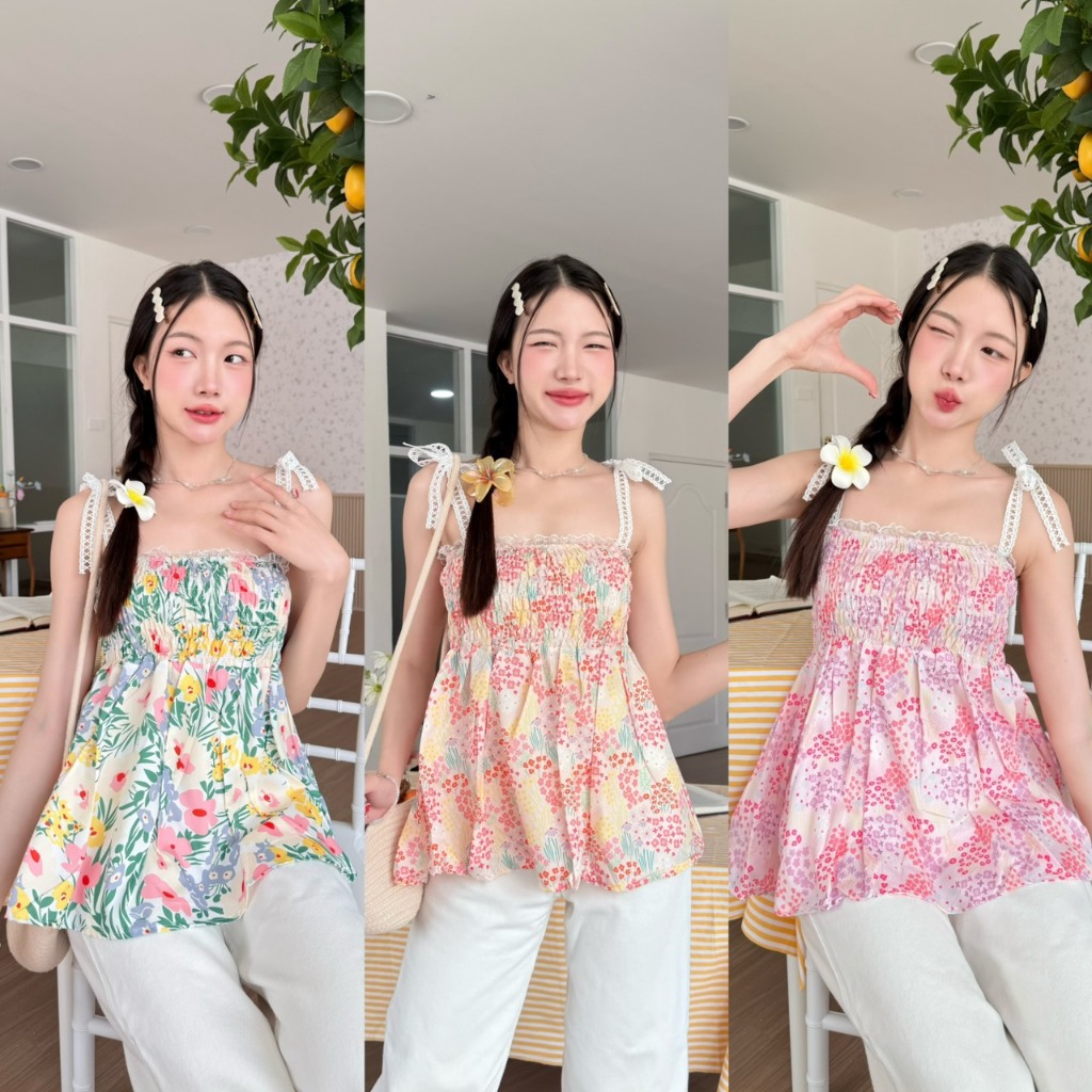 KN.Clothes เสื้อสายเดี่ยวผูกไหล่ สม็อคหน้าอก แต่งชายระบาย Prod