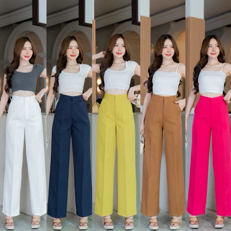กางเกงขากระบอกใหญ่เอวสูง [BB]  ตะขอหน้าเรียบ ผ้าเบลล่า ยาว40นิ้ว (S-3XL)