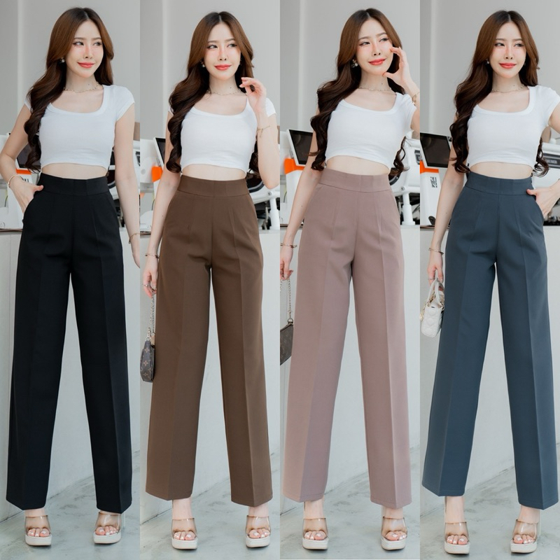 กางเกงทรงขากระบอกกลางซิปข้าง เอวสูง ผ้าไมโคร [New]  (S-3XL)