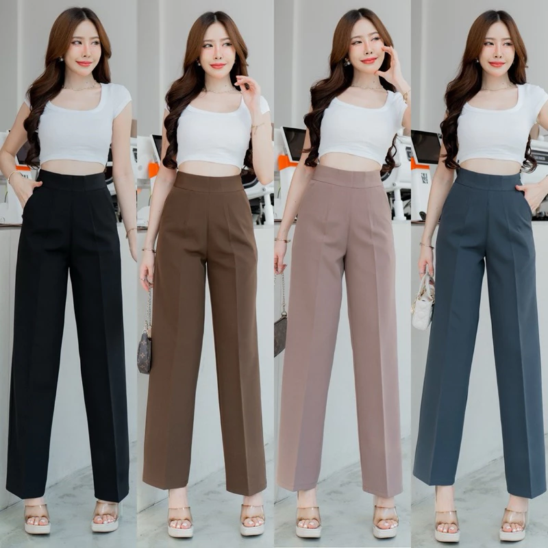 กางเกงทรงขากระบอกกลางซิปข้าง เอวสูง ผ้าไมโคร [New] (S-3XL)