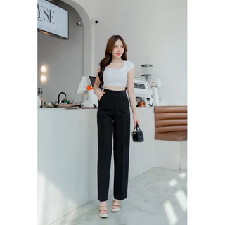 กางเกงทรงขากระบอกกลางซิปข้าง เอวสูง ผ้าไมโคร [New] (S-3XL)